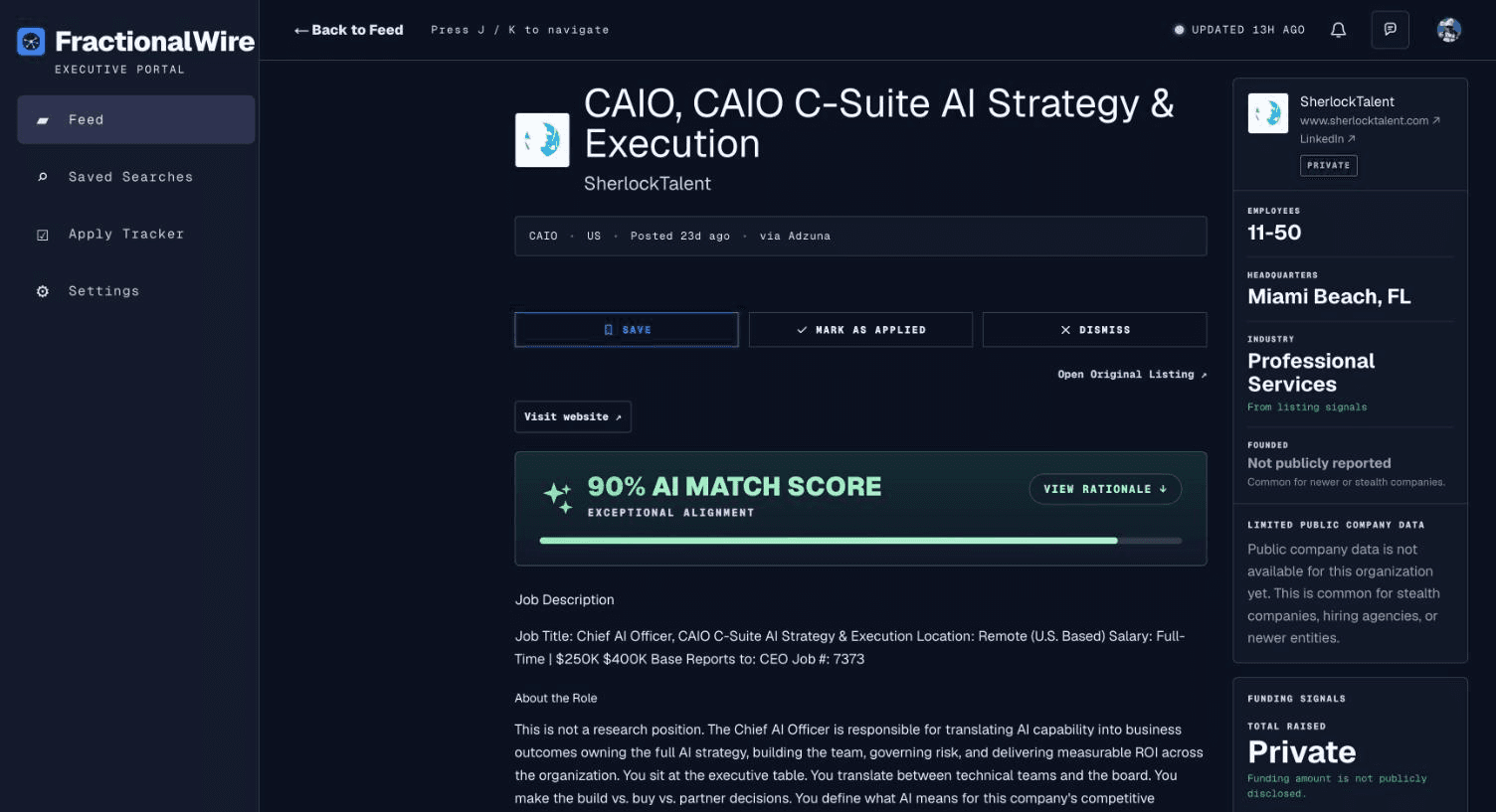 Role detail view for a fractional CTO role with company intelligence sidebar showing employees, headquarters, industry, founding year, and honest framing where public company data is limited